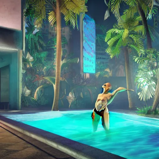 Prompt: a photograph of a broken statue in a surreal underground swimming pool surrounded by palm trees water and neon lights, vaporwave, unreal engine, octane render, dramatic lighting, volumetric lighting, neon lighting, ultra detailed, photorealistic