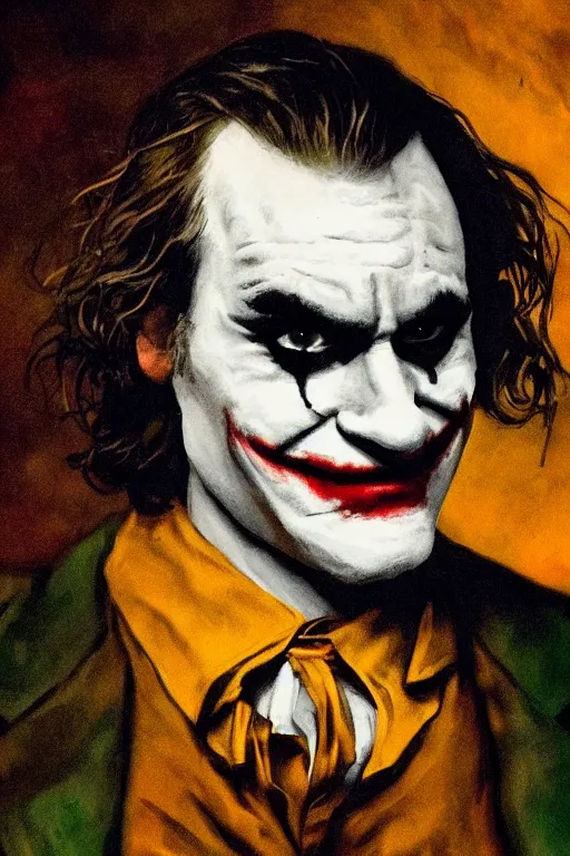 Prompt: joaquin phoenix as joker, painted by rembrandt, intricate, detailed, atmospheric lighting, golden hour.