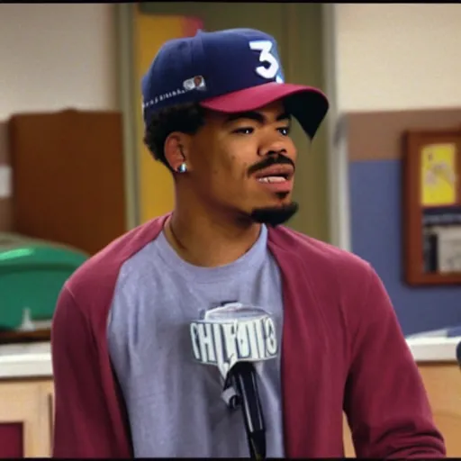 Image similar to a tv still of Chance The Rapper starring as a black college student at Jones College Prep in a 1993 sitcom