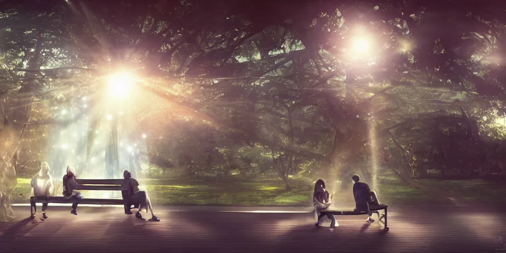 Prompt: a couple of people that are sitting on a bench, a computer rendering by Ryohei Hase, pixiv contest winner, holography, multiple exposure, pixiv, anamorphic lens flare