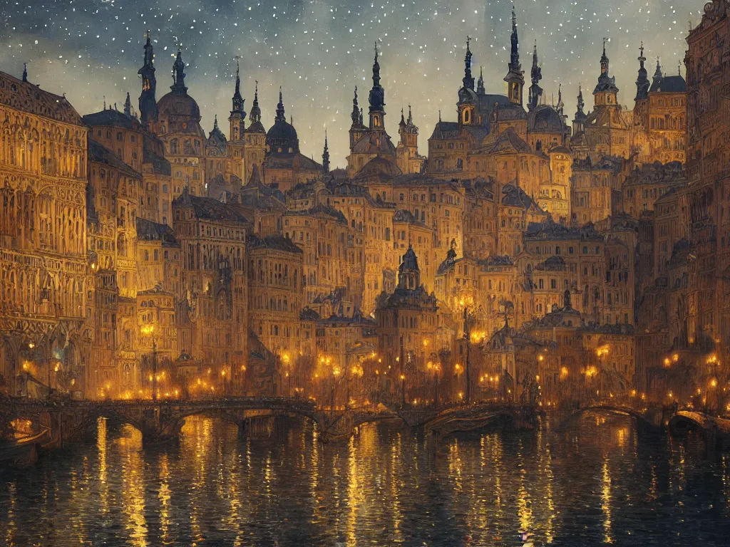 Image similar to a view from the river of a city resembling prague, paris, and venice at night with the sky full of stars, intricate, elegant, highly detailed, digital painting, artstation, concept art, smooth, sharp focus, colored illustration for tattoo, art by krenz cushart and artem demura and alphonse mucha,