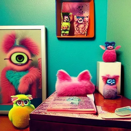 Image similar to “ nostalgic 9 0 s bedroom colorful aesthetic, 9 0 s photo, furbies, realistic ”