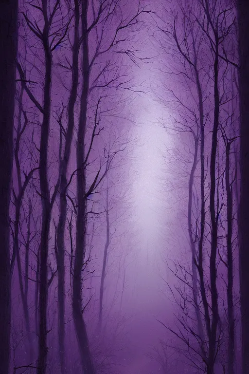 ancient magical dark forest, tall purple and pink