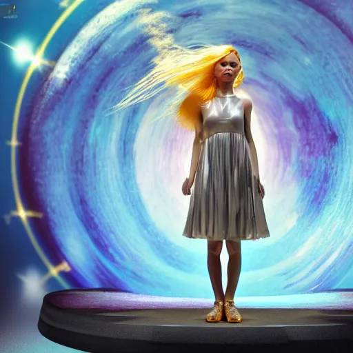 Prompt: a girl with silver-violet hair, white eyes and a golden shiny dress against the backdrop of a nuclear explosion, wide lens, diorama, 4k,