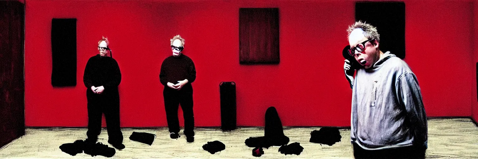 Prompt: todd solondz talking on the phone in empty apartment | clear face of todd solondz crying and screaming, vivid colors : red and black, realistic. by francis bacon, gabriel hardman, joe alves, j. todd anderson, chris bonura. cinematic atmosphere, detailed and intricate, perfect anatomy