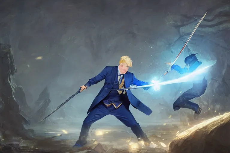 Image similar to a blonde man in a blue suit swinging a sword at an asian man with a sword, d & d, heartstone, digital painting, volumetric light, intricate, sharp, focus, bloom, illustration, highly detailed, concept art, matte, ruan jia, randy vargas, greg rutkowski