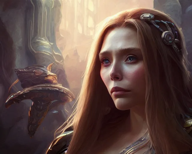 Image similar to a gaming screenshot still portrait of elizabeth olsen in final fantasy, deep focus, d & d, fantasy, intricate, elegant, highly detailed, digital painting, artstation, concept art, matte, sharp focus, illustration, dark fantasy style art, hearthstone, art by artgerm and greg rutkowski and alphonse mucha