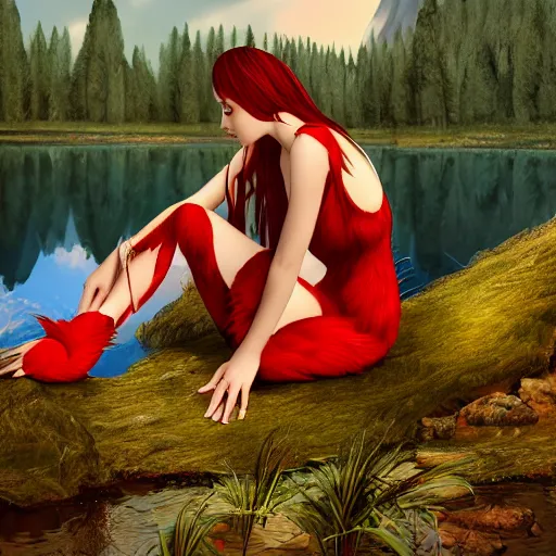 Image similar to Harpy, young woman, red feathered wings, bird legs, wearing Inka clothes, sad expression, sitting at a pond, mountainous area, trees in the background, trending on artstation