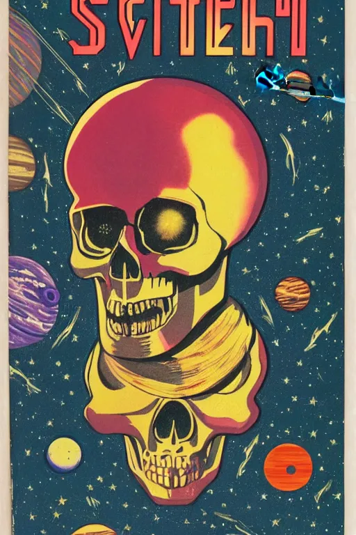 Image similar to vintage sci-fi book cover, depicting a gigantic chrome skull in space, stars and planets visible, highlights, nebula, color bleed, film grain