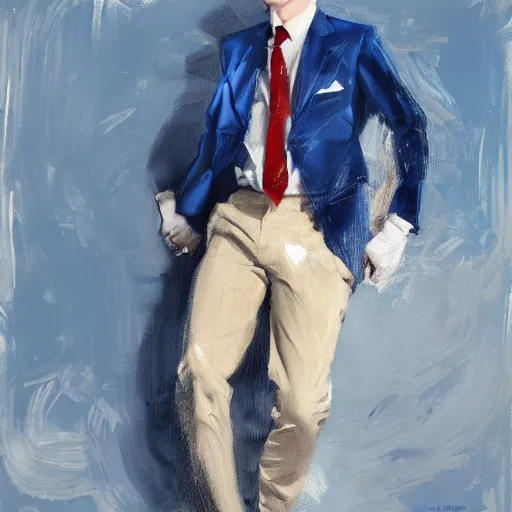 Prompt: greg manchess portrait of a blond man in a blue suit lying on the ground bleeding in an arena, profile picture, organic painting, sunny day, matte painting, bold shapes, hard edges, street art, trending on artstation, by huang guangjian, gil elvgren, ruan jia, randy vargas, greg rutkowski