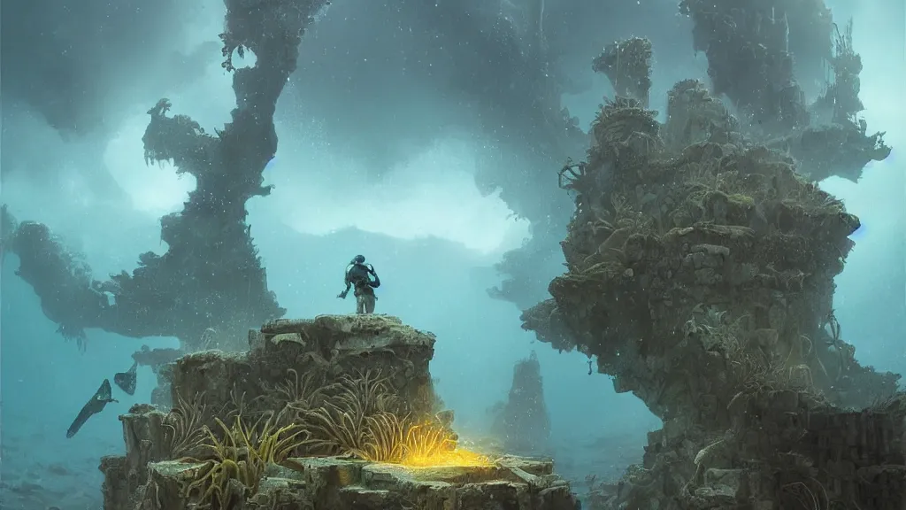 Prompt: A diver is under the sea, he has a treasure with him, he is swimming away from the giant Nessie that is behind hunting him, this is an extravagant planet with wacky wildlife and some mythical animals, the background is full of ancient ruins, the ambient is dark with a terrifying atmosphere, by Jordan Grimmer digital art, trending on Artstation,