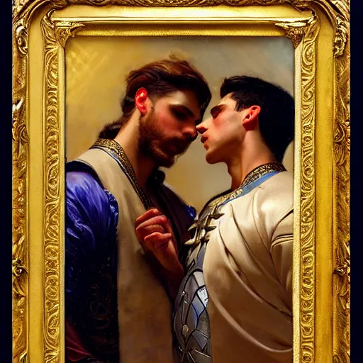 Image similar to attractive fully clothed king confesses his love for his attractive fully clothed male prince. highly detailed painting by gaston bussiere and j. c. leyendecker 8 k
