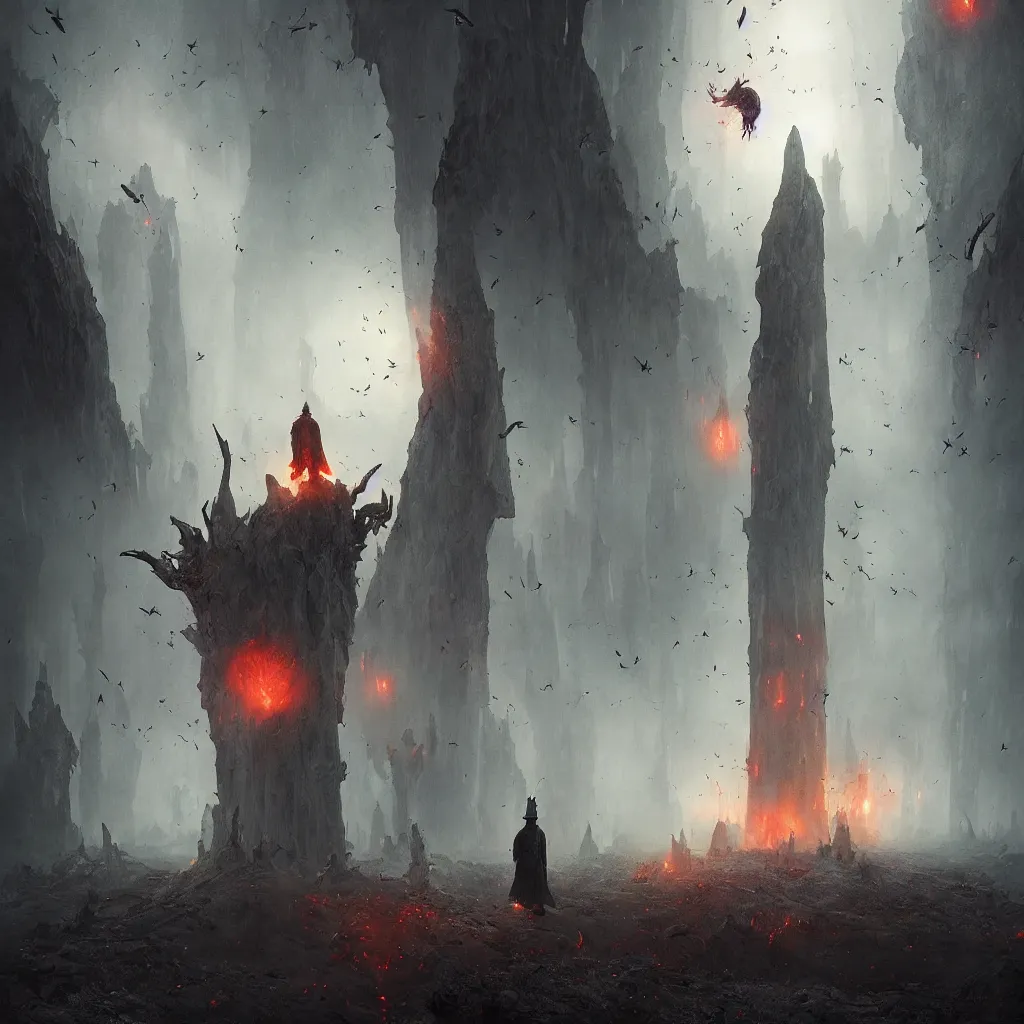 Prompt: devil, scary, magical area, foggy area, by greg rutkowski, sharp focus, man standing, tower, fire, butterflies, black hole sucking, apocalypse