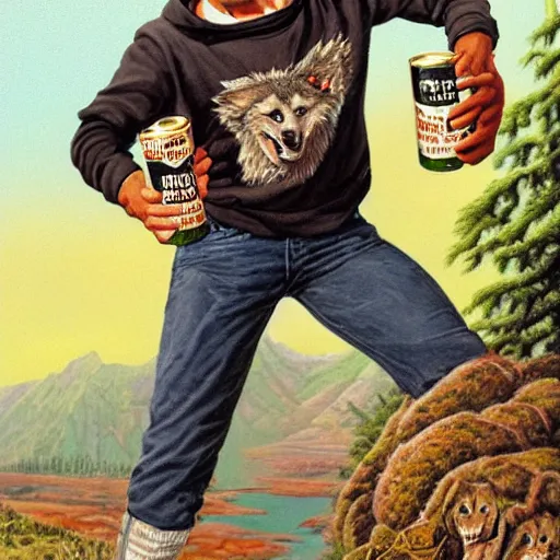 Image similar to Wolf wearing black sweatshirt, holding beer, artwork by Earl Norem,