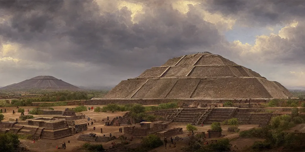 Image similar to teotihuacan cityscape by andreas achenbach, artgerm, mikko lagerstedt, zack snyder, tokujin yoshioka