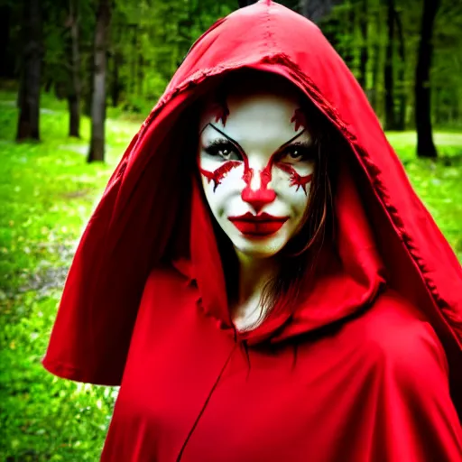 Prompt: photo of a real-life beautiful red riding hood warrior