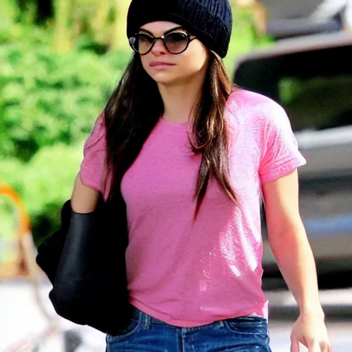 Prompt: Mila Kunis, wearing a pink beanie cap and pink shirt and large oval glasses