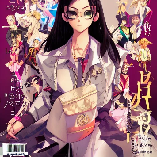 Image similar to Magazine Cover Anime key visual of a Gucci girl; official media; typography; drawn by Hirohiko Araki; Jojo's Bizarre Adventure; Jojolion, portrait, made by Stanley Artgerm Lau, WLOP, Rossdraws, James Jean, Andrei Riabovitchev, Marc Simonetti, Yoshitaka Amano, ArtStation