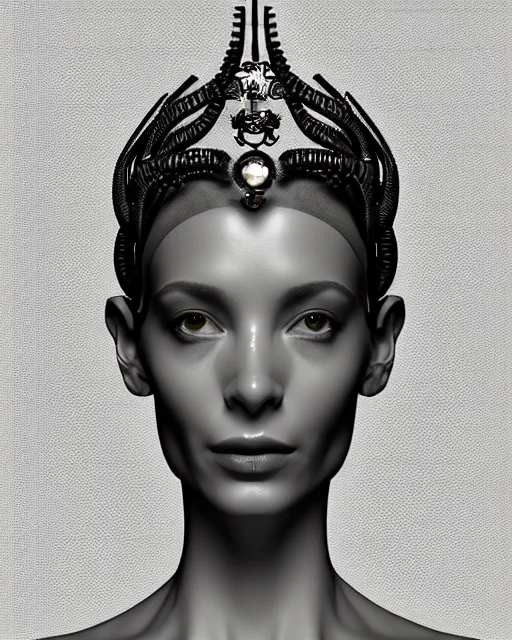Image similar to a black and white 3D render of a young beautiful female queen-dragon-cyborg bust with a very long neck and a partial Mandelbrot fractal face, anatomical, flesh, facial muscles, veins, arteries, elegant, highly detailed, flesh highly ornate, cable wires, elegant, high fashion, rim light, octane render, in the style of H.R. Giger, Realistic, Refined, Digital Art, Highly Detailed, Cinematic Lighting, rim light, black and white, photo-realistic, 8K