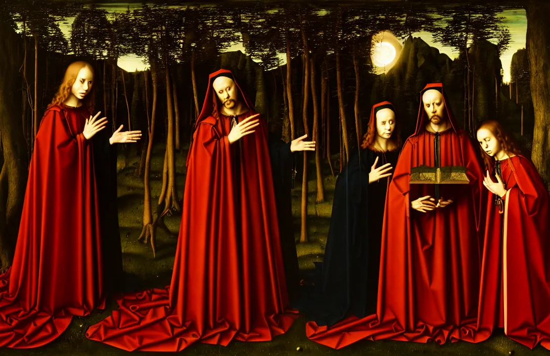 Image similar to altarpiece death roll intact flawless ambrotype from 4 k criterion collection remastered cinematography gory horror film, ominous lighting, evil theme wow photo realistic postprocessing visuals excite moon visible through the trees has its own distinctive quality quite unlike any other painting by jan van eyck