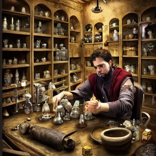 Prompt: An alchemist sitting in his workshop creating potions and formulas, style of Daniel Martin Diaz