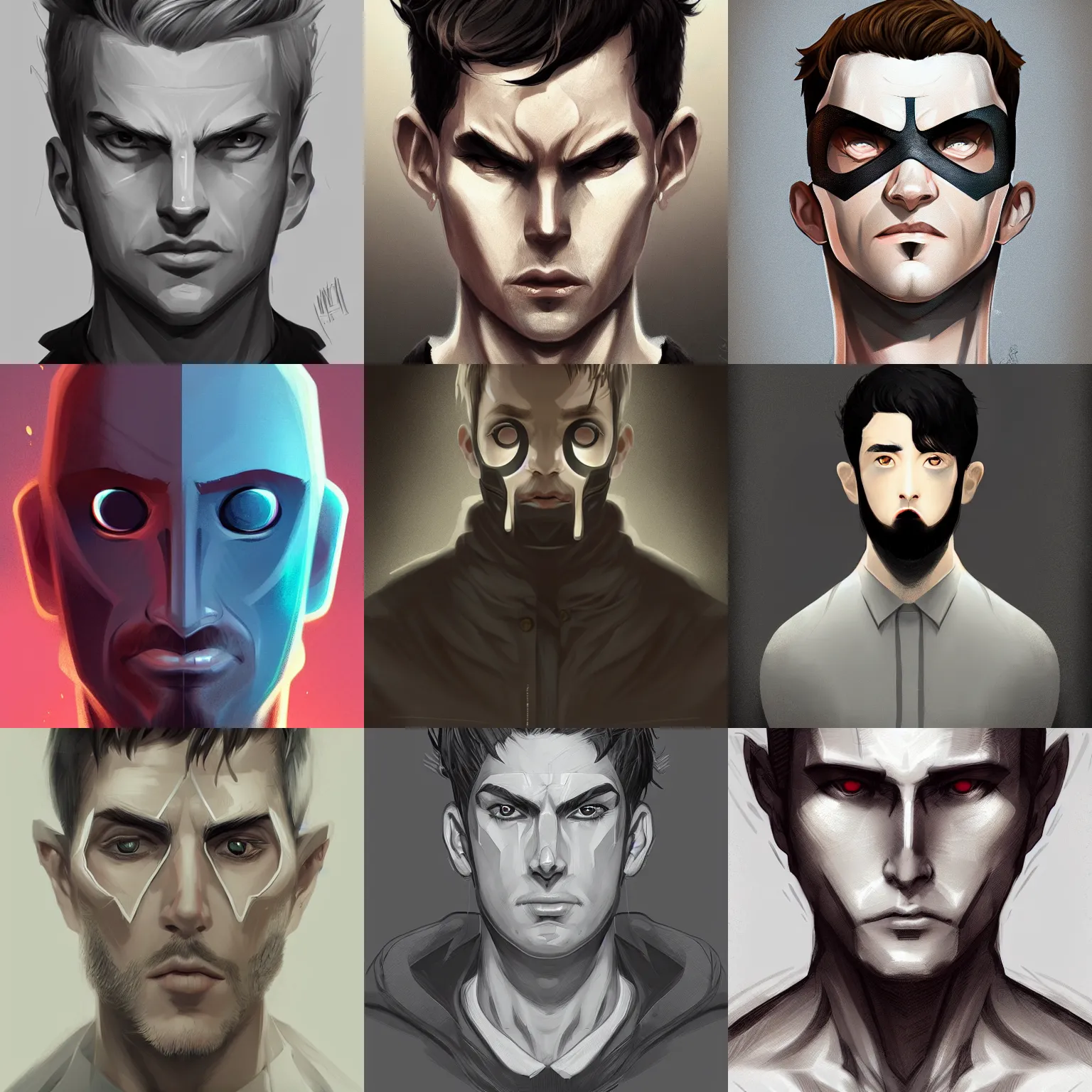 Prompt: symmetrical character concept portrait, eyeless hero, male, digital painting, concept art, smooth, sharp focus, illustration, wlop