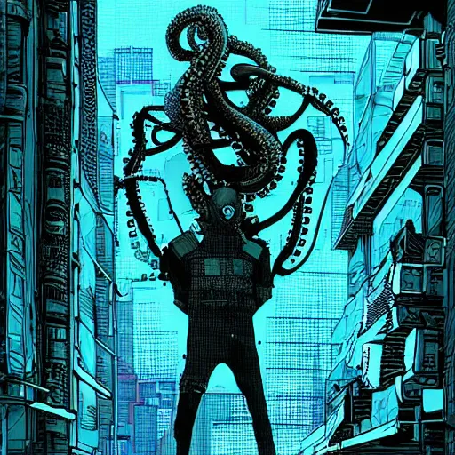 Image similar to cyberpunk Octopus, Industrial Scifi, detailed illustration, techwear, character portrait, by Martin Grip and Moebius