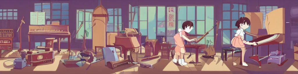 Prompt: studio ghibli, one little girl playing saxophone in the middle of a room full of instruments laying everywhere on the floor, pianos, guitars, drums, saxophone, sousaphone, bongos, congas, digital art, studio ghibli, trending on artstation, colours