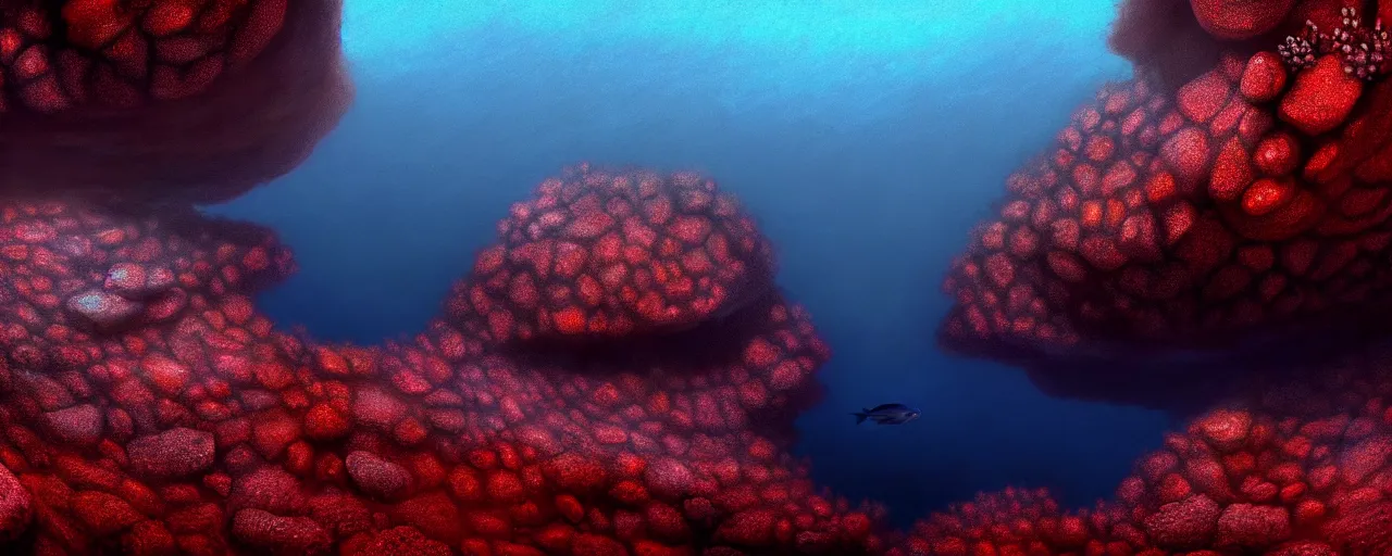 Image similar to A gorgeous detailed oil of a dark red sea covered in big blue steep rocks, a school of piranhas underwater, the further away the mistier it gets, surreal, concept art, dark aesthetic, atmospheric, moody, hyperrealism, highly detailed, masterpiece, award winning, 4k, unreal engine