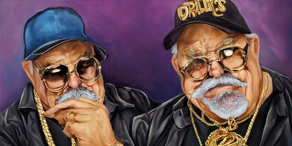 Prompt: wilford brimley rapper wearing gold chains with gold rings on his fingers diabeetus high fidelity painting high resolution trending on artstation