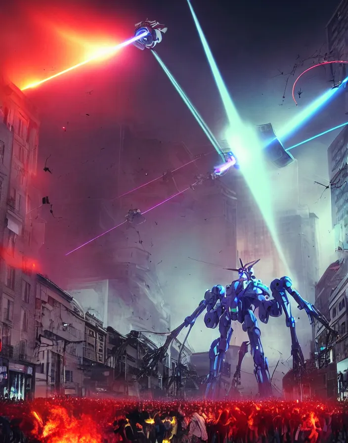 Prompt: huge giant massive mechanical ominous futuristic cybernetic evangelion mecha firing a huge wide laser beam from its head at a crowd of screaming scared panicked running people on a busy city street in the evening, mayhem, explosions, dust, smoke, war of the worlds, cinematic, hyper realism, high detail, octane render, vibrant colors, smooth gradients, high contrast