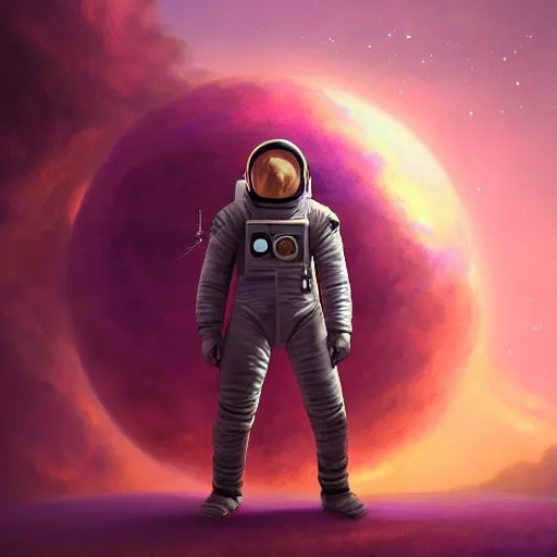 Prompt: epic portrait an astronaut standing on a lush purple world, sunset, giant purple sun, beauty, pretty clouds, digital painting, artstation, concept art, soft light, hdri, smooth, sharp focus, illustration, fantasy, intricate, elegant, highly detailed, D&D, matte painting, in the style of Greg Rutkowski and Alphonse Mucha and artemisia, 8k, highly detailed, jurgens, rutkowski, bouguereau, pastoral, rustic, georgic