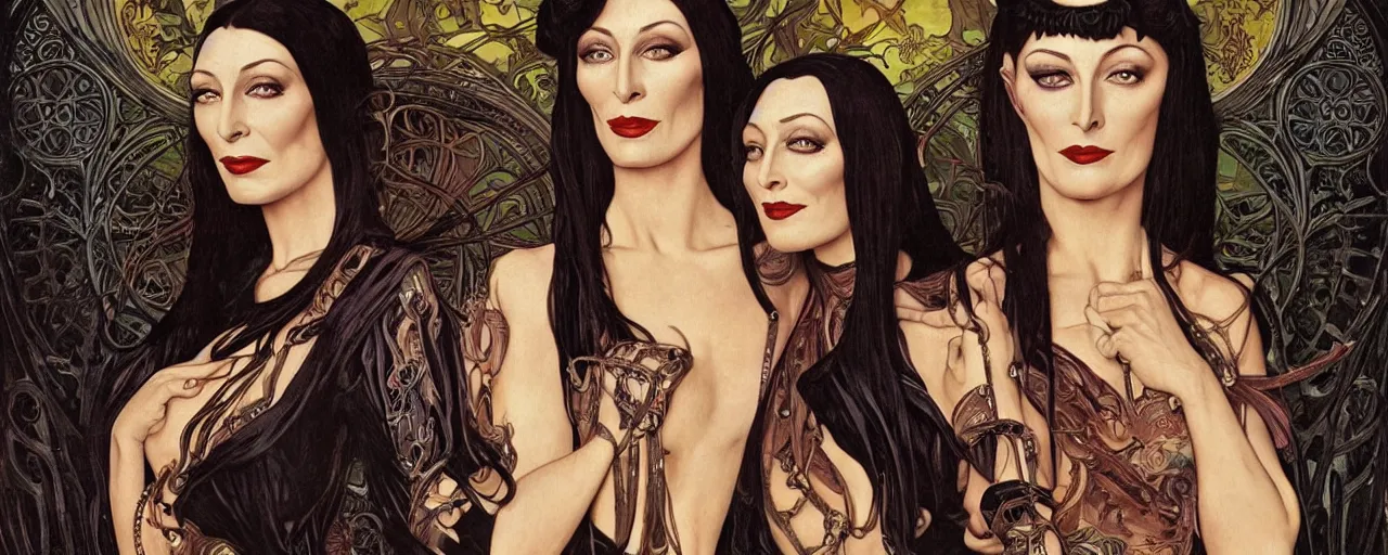 Prompt: stunning exotic art nouveau portrait of anjelica huston and morticia addams as industrial dieselpunk queens of the night by glenn fabry, simon bisley and alphonse mucha, photorealism, extremely hyperdetailed, perfect symmetrical facial features, perfect anatomy, ornate declotage, spikes, latex, confident expression, wry smile, sinister eyes