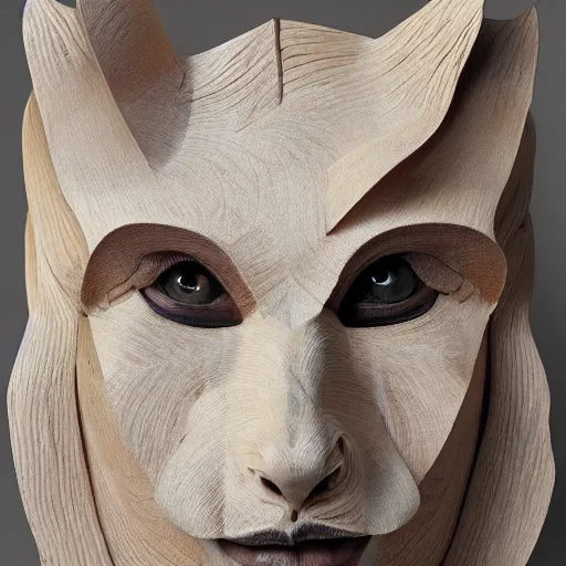 Image similar to a portrait of a beautiful persian male wearing a kitsune mask carved in wood by iris van herpen,