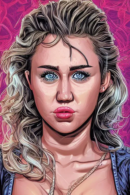 Prompt: a portrait of sexy miley cyrus with long hair, drawn by robbie trevino and dan mumford, poster, digital art, comic art, concept art