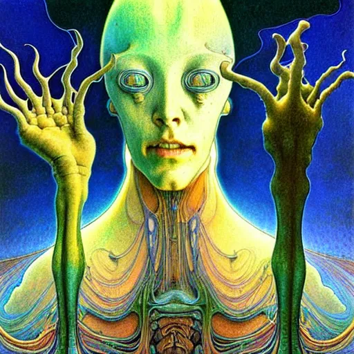 Prompt: realistic extremely detailed portrait painting of a blurry bizarre ghost, futuristic sci-fi landscape on background by Jean Delville, Amano, Yves Tanguy, Alphonse Mucha, Ernst Haeckel, Edward Robert Hughes, Roger Dean, rich moody colours, blue eyes