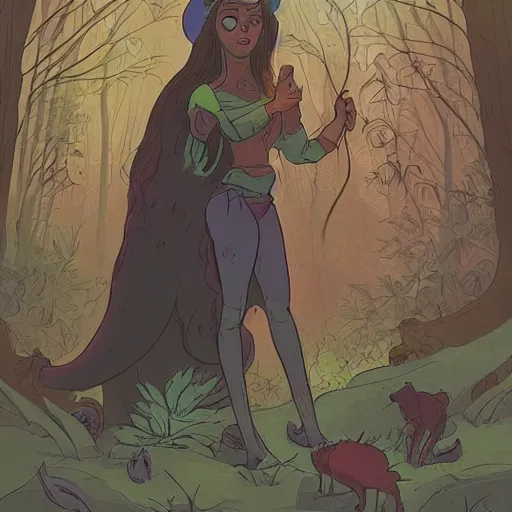 Prompt: character design of a young, beautiful earth witch in wooded forest : : 1, with bear companion, mike mignola style, comics, beautiful composition, wide angle, colorful, cinematic, volumetric lighting, intricate details