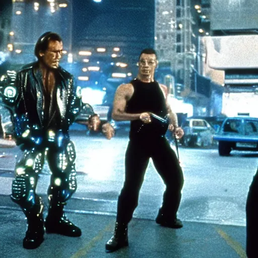 Image similar to movie still, 1 9 8 0 s, van damme as cyberpunk street fighter, hyperdetailed, by ridley scott, john carpenter and vittorio storaro, blue leds