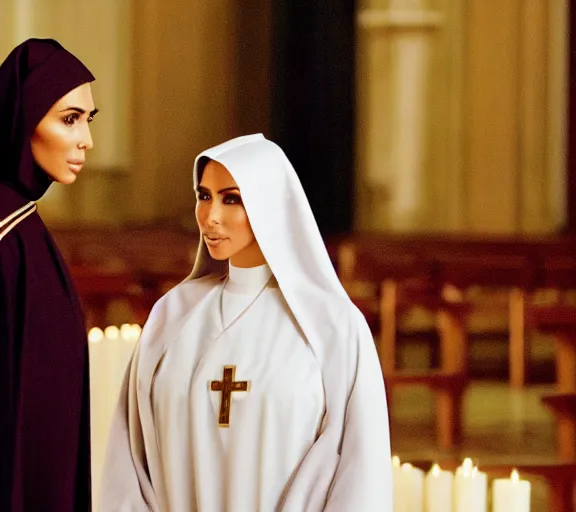 Image similar to a movie still of kim kardashian with a priest as a nun on the alter of a church.