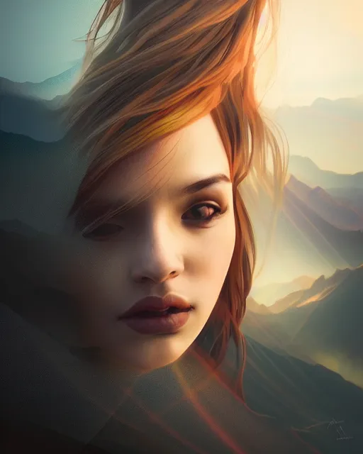 Prompt: Dramatic portrait of a woman, mountain scenery double exposure, radiant light, by artgerm, ross tran, photorealism, deviantart