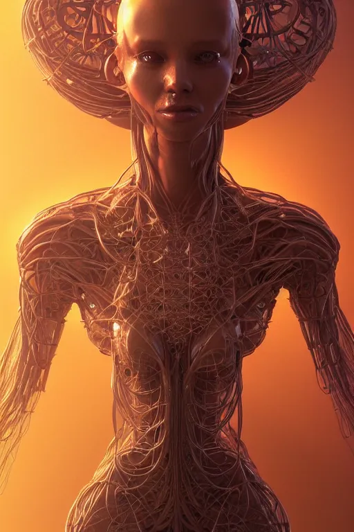 Image similar to a centered render of an alien bio - organic overlord adorned with cables and synthesizer parts is surrounded by sacred geometry, full body, gorgeous face, perfect face, powerful, cinematic, beautifully lit, by artgerm, by karol bak, 3 d, trending on artstation, octane render, 8 k