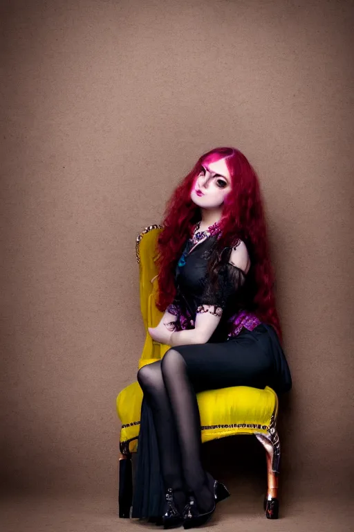 Image similar to full - length photo, young woman, sitting on chair, gothic clothes, 4 k, colourful