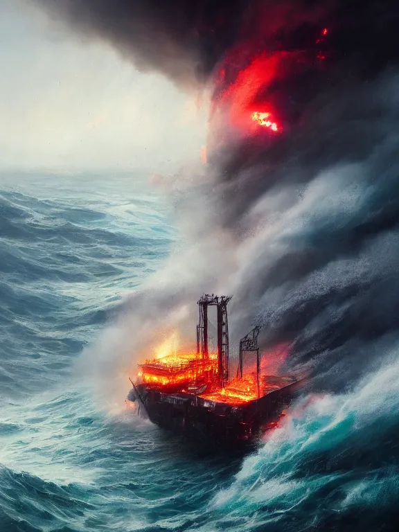 Prompt: photo of 8k ultra realistic burning oil rig at sea, heavy storm, rain, large waves, full of colour, cinematic lighting, battered, trending on artstation, 4k, hyperrealistic, focused, extreme details,unreal engine 5, cinematic, masterpiece, art by Peter Mohrbacher