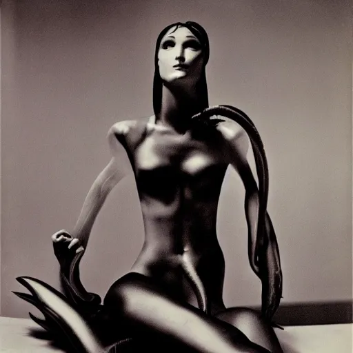 Prompt: A portrait of a beautiful cyberpunk girl with octopus, by Man Ray and Helmut Newton, fine art