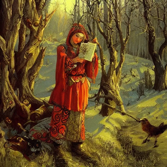 Image similar to russian folk fairytale, story, fable, dramatic, fantasy art, an ultrafine detailed painting, academic art, artstation, by pavel korin, viktor vasnetsov