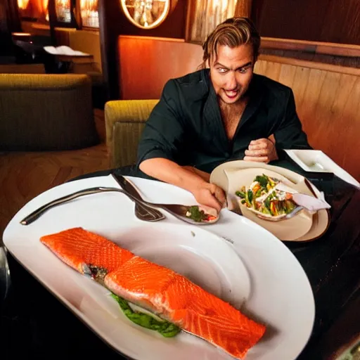 Prompt: Aquaman surprised by a salmon on his plate at a fancy restaurant