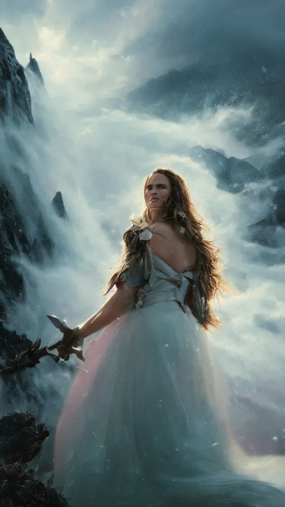 Image similar to wizard, argentina, natalie portman, hudson river school, max rive, full plate armor, f 1 6, bokeh, gentle, female, snowy mountain, storm clouds, god rays, close up portrait, d & d, fantasy, elegant, teal pink white gold color palette, concept art, roger deakins and greg rutkowski and alphonse mucha