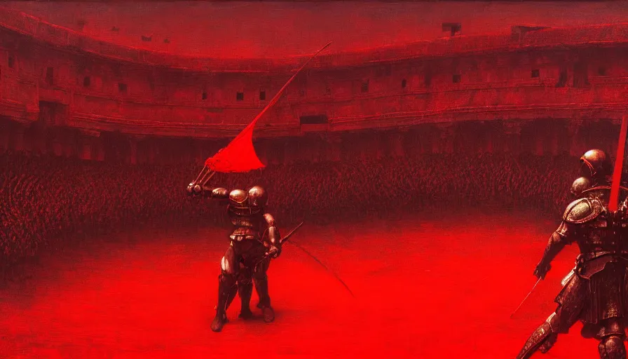 Image similar to only with red, a lightly armored gladiator in a crowded roman amphitheatre, crowd cheering, in the style of beksinski and edward hopper and rodcenko and yue minjun and artgerm, intricate and epic composition, red by caravaggio, highly detailed, masterpiece, red light, artstation, art nouveau