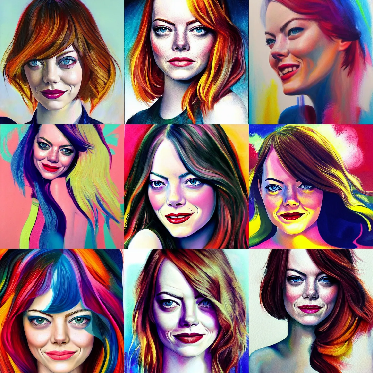 Prompt: Emma Stone, smooth painting, art, detailed, colorful, smiling, beautiful hair, deep look, intense atmosphere