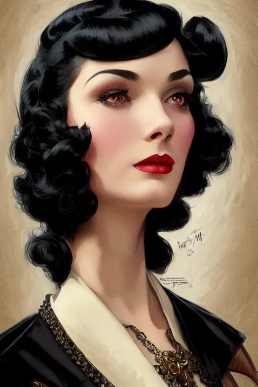 Image similar to a woman with black hair, dressed in 1940's fashion, D&D, fantasy, intricate, elegant, highly detailed, digital painting, artstation, concept art, matte, sharp focus, illustration, art by Artgerm and Greg Rutkowski and Alphonse Mucha